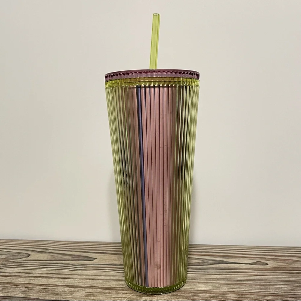 Starbucks Venti Tumbler Iridescent Green Siren Logo Cold Drinks with Straw NEW